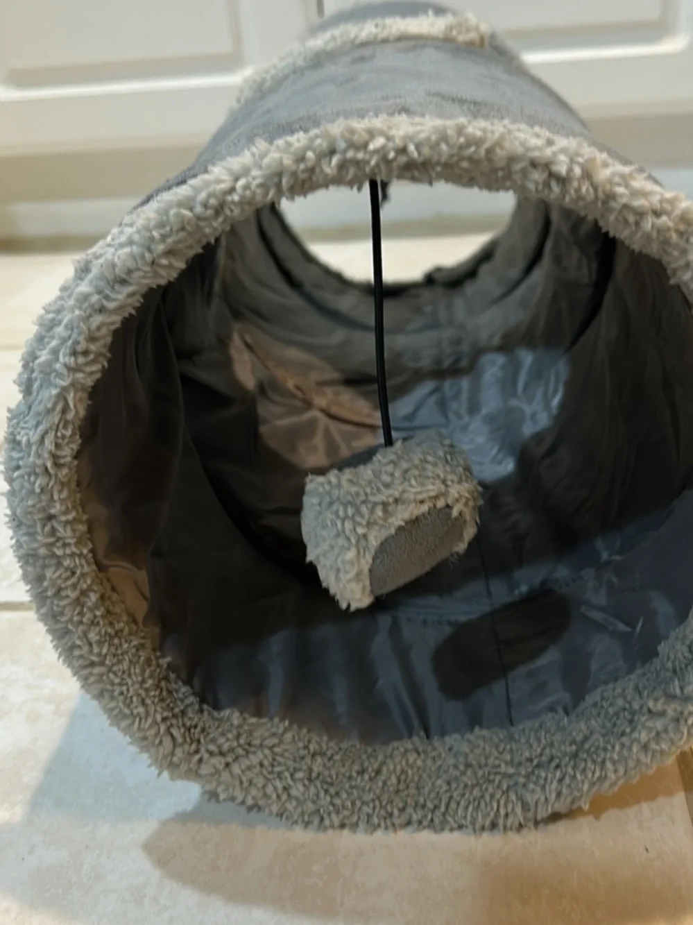 Collapsible Soft Suede Cat Tunnel Toy with Peek-a-Boo Hole & Hanging Ball (Gray,